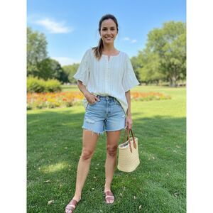 POL Ivory Boho Embroidery & Lace Button Front Top with Ruffle Sleeves - Size M